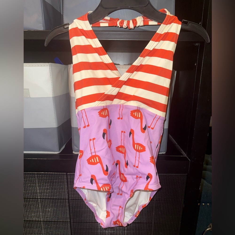 Hanna Andersson Red & White Trim One-Piece Swimsuit with Lilac Flamingo Print 🦩